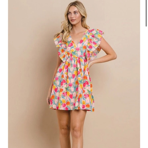 Flutter sleeve tulips Mini Dress - Picture 2 of 6